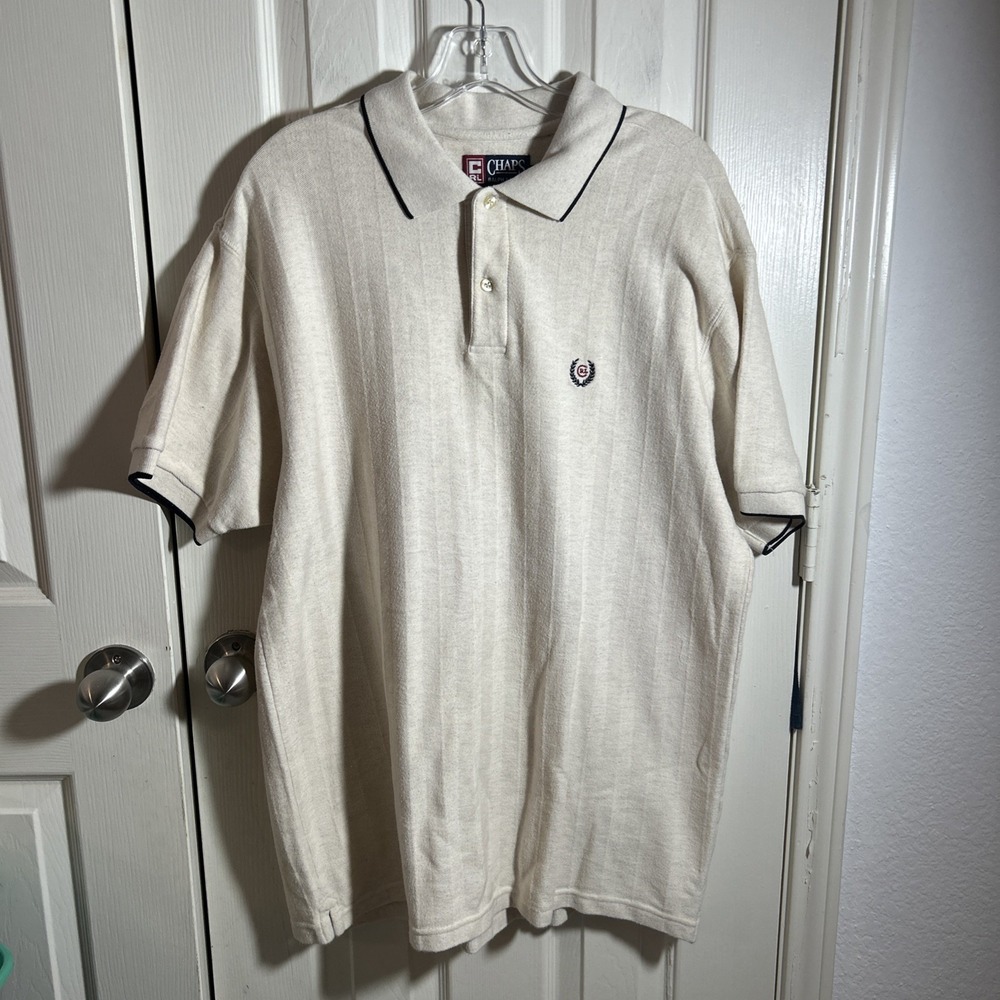 Chaps Ralph Lauren Polo Shirt Mens Large Oatmeal Stripe Crest Cotton